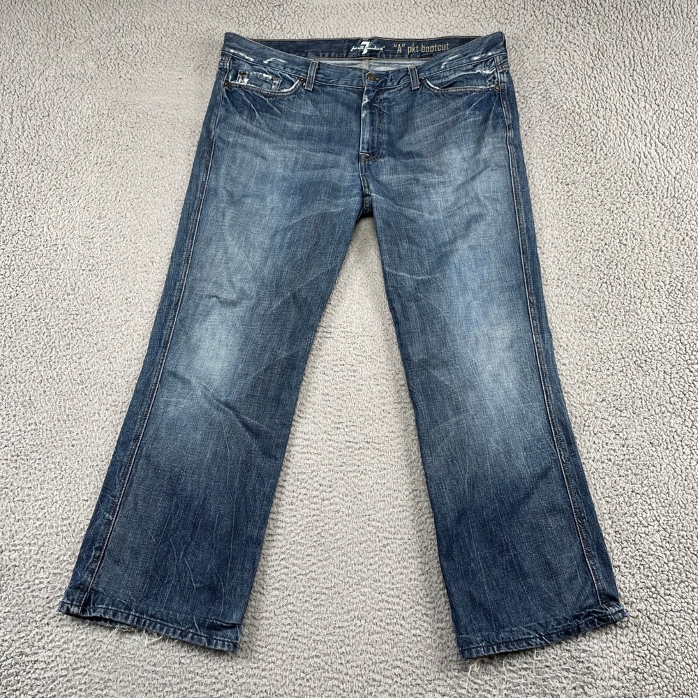 7 For All Mankind Jeans Mens 38 Blue A Pocket Bootcut Distressed Denim